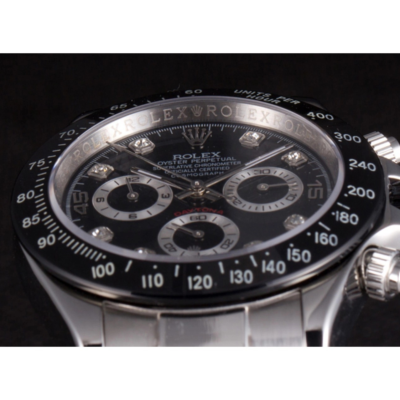 Aaa replica watch Stainless Black Dial Enameled Rolex Black Steel Daytona 0707